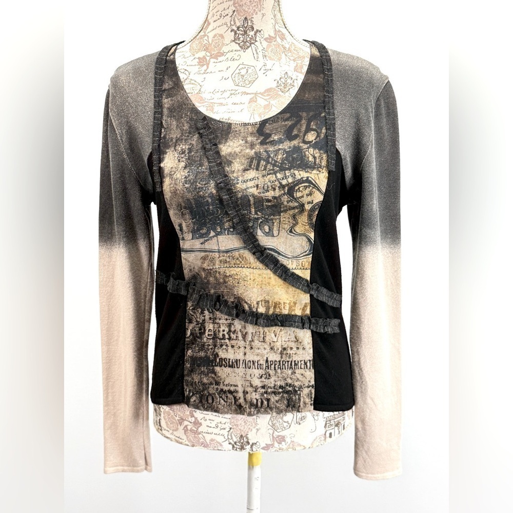 ALDO MARTIN'S Black and Cream Graphic Long Sleeve Blouse size M